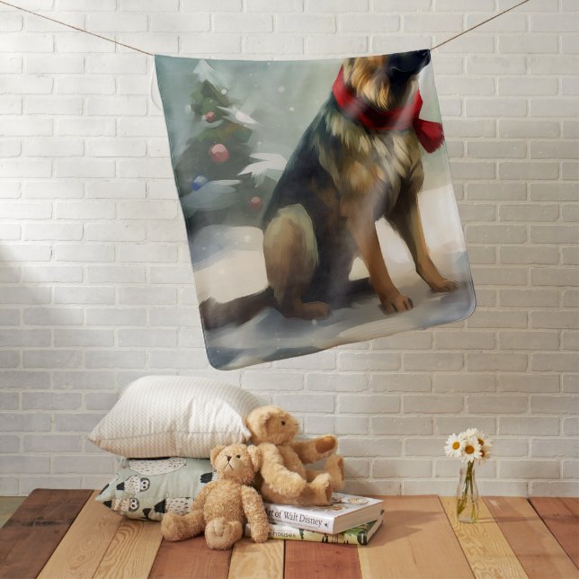 German Shepherd Dog in Snow Christmas Baby Blanket (In Situ)