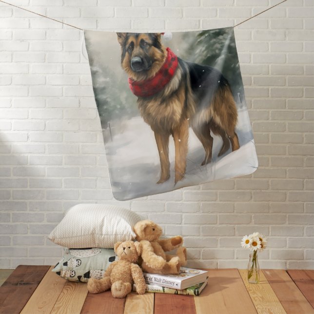 German Shepherd Dog in Snow Christmas Baby Blanket (In Situ)
