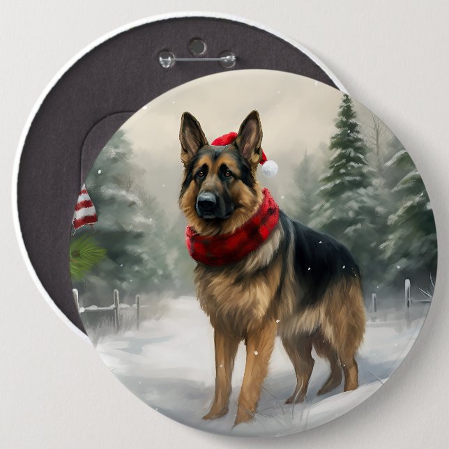 German Shepherd Dog in Snow Christmas Button (Front & Back)