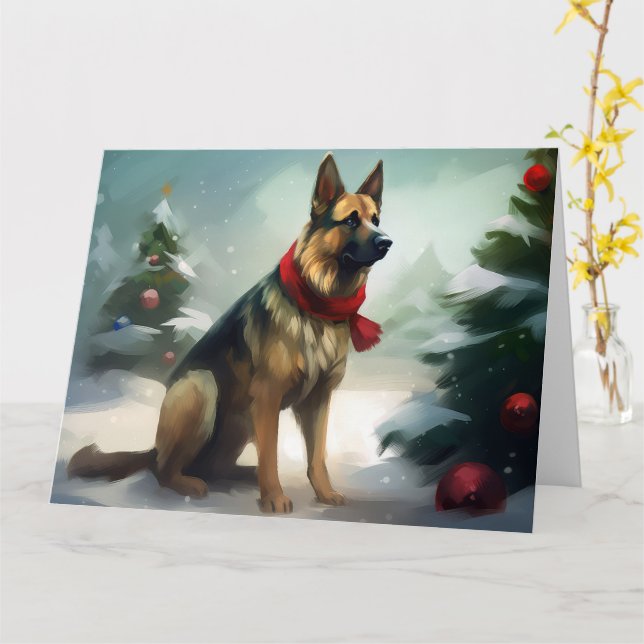 German Shepherd Dog in Snow Christmas Card (Yellow Flower)