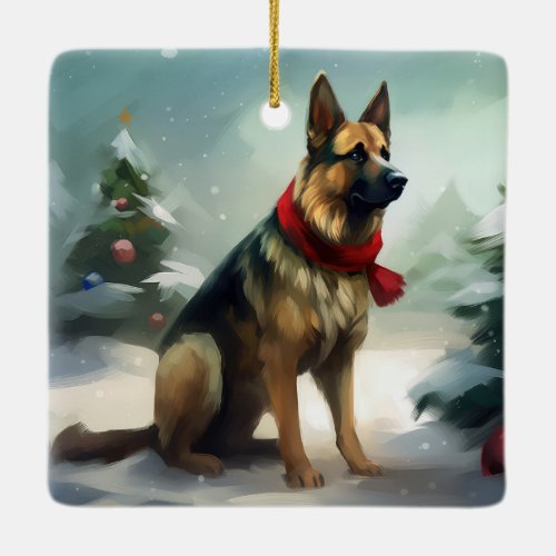 German Shepherd Dog in Snow Christmas Ceramic Ornament