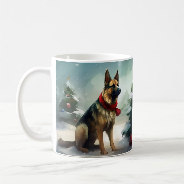 German Shepherd Dog in Snow Christmas Coffee Mug (Left)