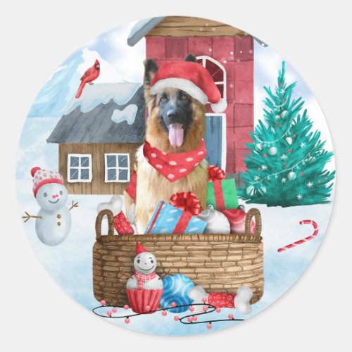 German Shepherd Dog In snow Christmas Dog House Classic Round Sticker