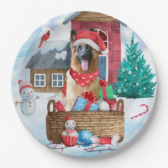 German Shepherd Dog In snow Christmas Dog House Paper Plates (Front)