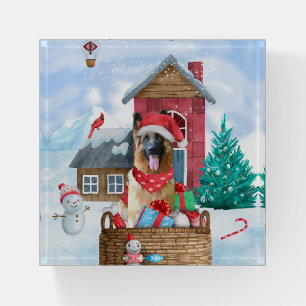 German Shepherd Dog In snow Christmas Dog House Paperweight