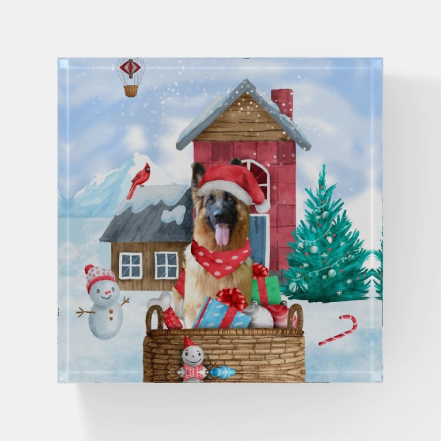 German Shepherd Dog In snow Christmas Dog House Paperweight (Front)