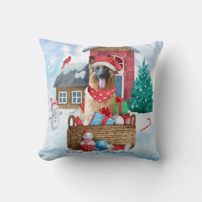 German Shepherd Dog In snow Christmas Dog House  Throw Pillow (Front)