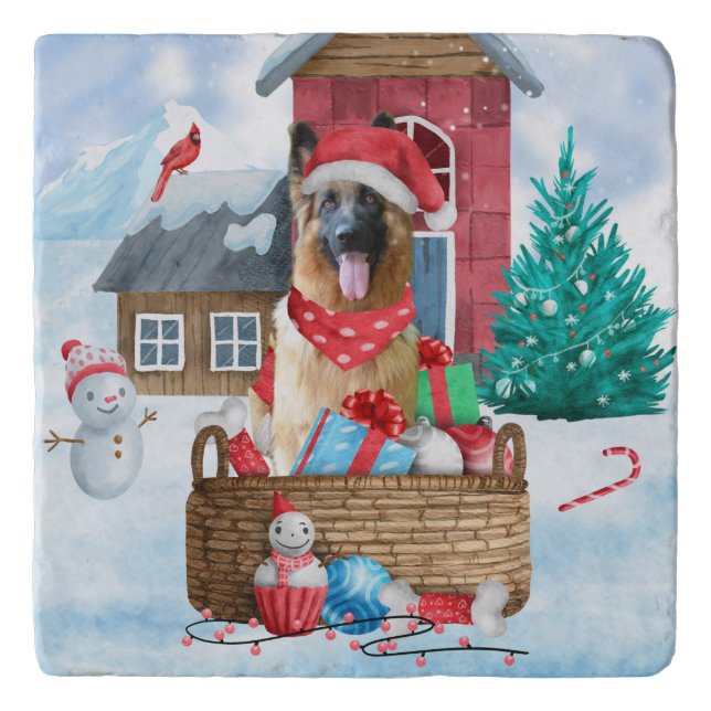 German Shepherd Dog In snow Christmas Dog House Trivet (Front)