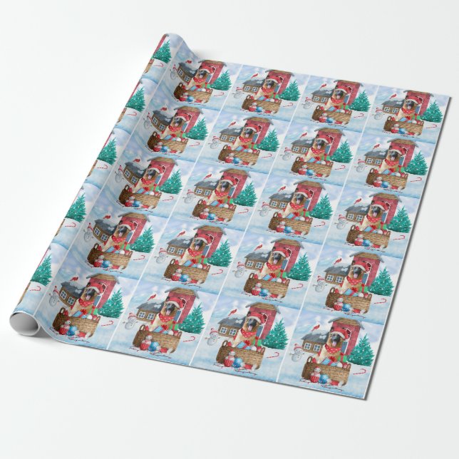 German Shepherd Dog In snow Christmas Dog House Wrapping Paper (Unrolled)