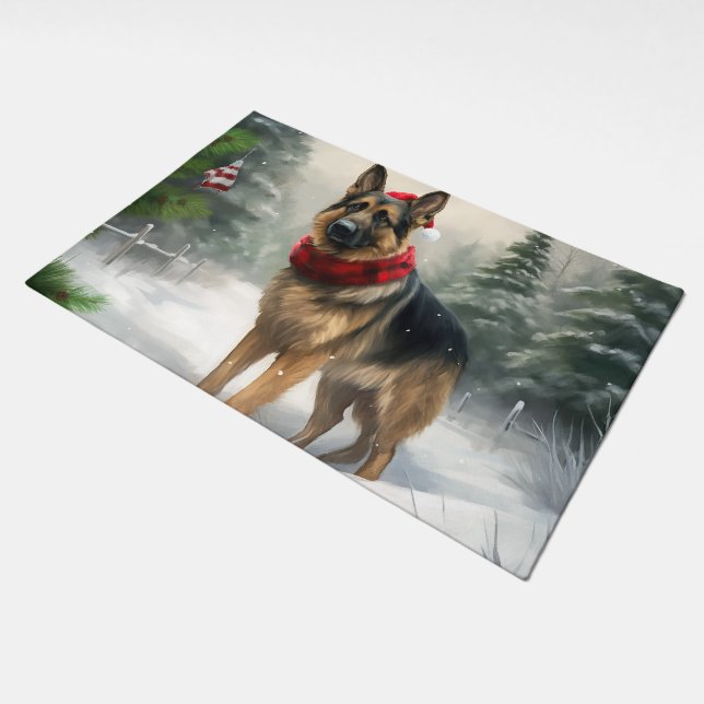 German Shepherd Dog in Snow Christmas Doormat (Angled)