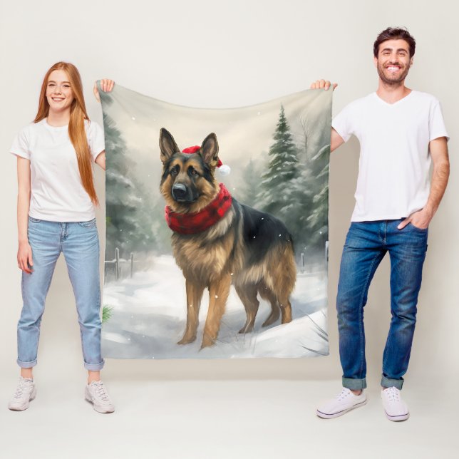 German Shepherd Dog in Snow Christmas Fleece Blanket (In Situ)
