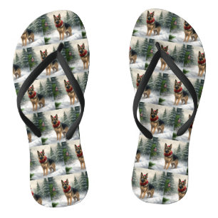 German Shepherd Dog in Snow Christmas Flip Flops