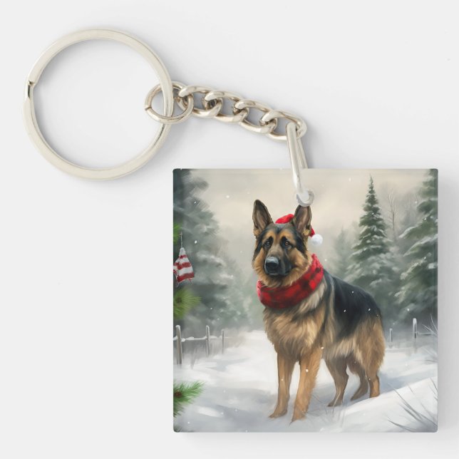 German Shepherd Dog in Snow Christmas Keychain (Front)