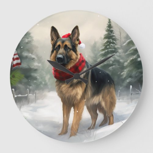 German Shepherd Dog in Snow Christmas Large Clock