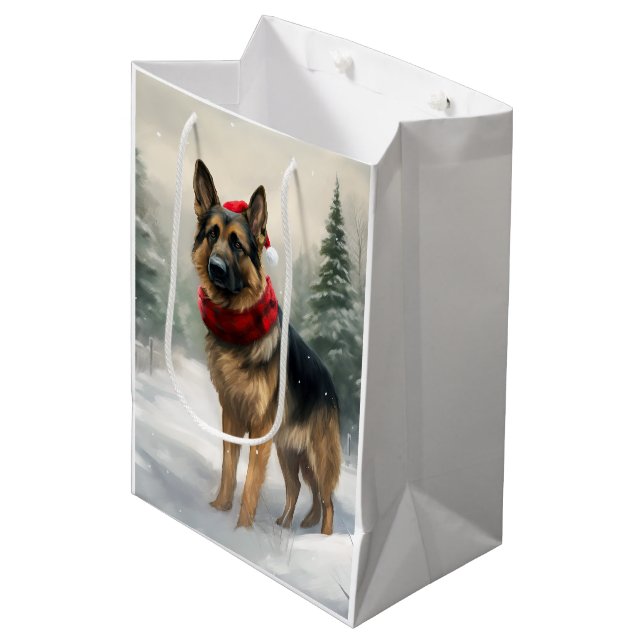 German Shepherd Dog in Snow Christmas Medium Gift Bag (Front Angled)