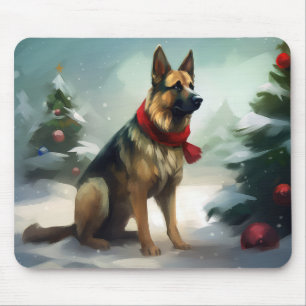 German Shepherd Dog in Snow Christmas Mouse Pad