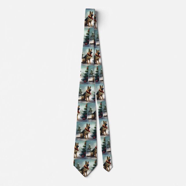 German Shepherd Dog in Snow Christmas Neck Tie (Front)