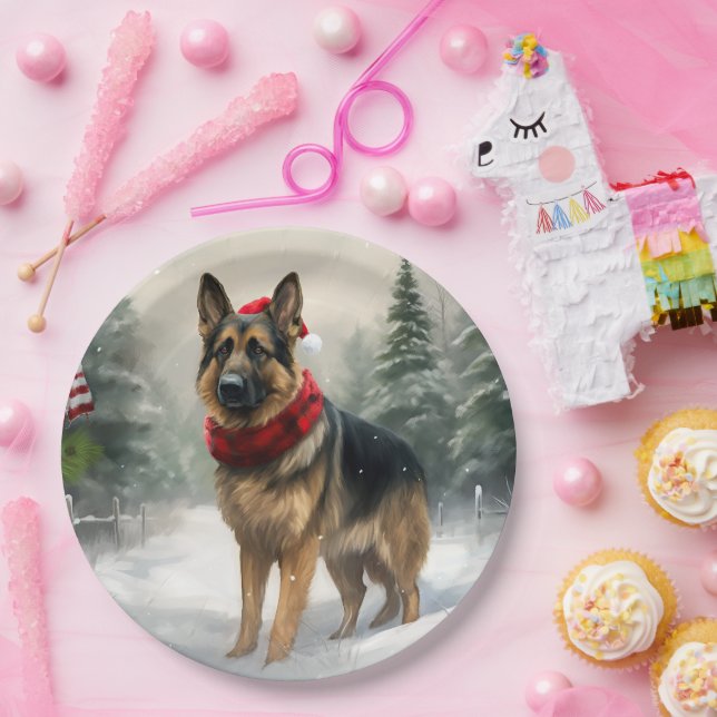German Shepherd Dog in Snow Christmas Paper Plates (Party)