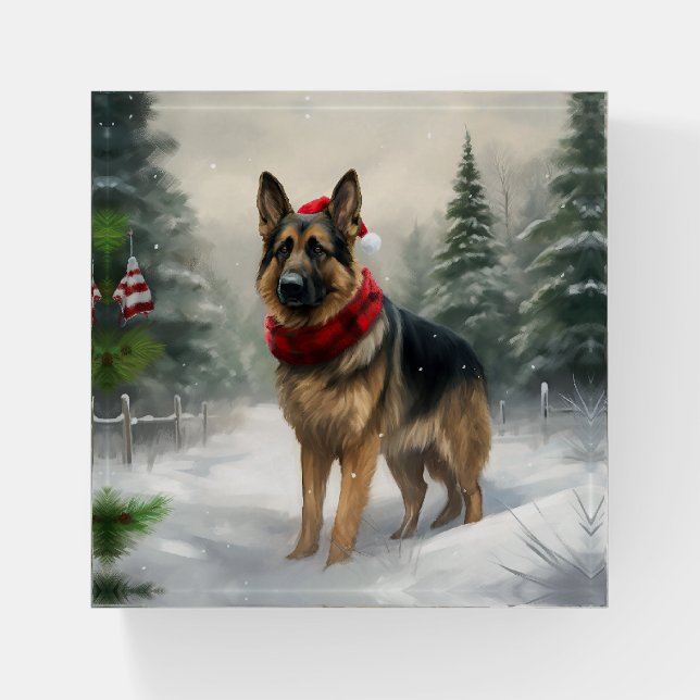 German Shepherd Dog in Snow Christmas Paperweight (Front)