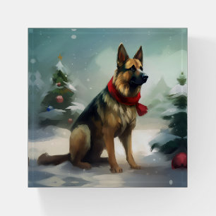 German Shepherd Dog in Snow Christmas Paperweight
