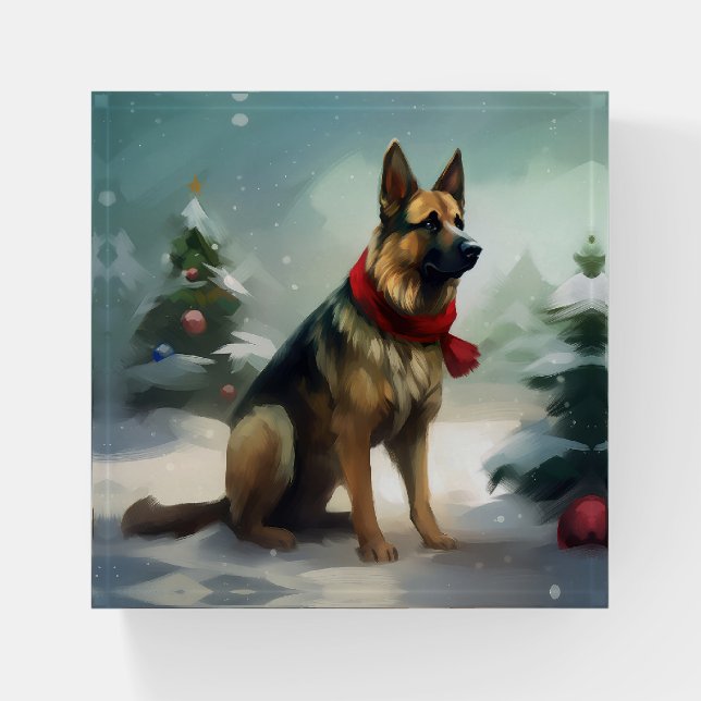 German Shepherd Dog in Snow Christmas Paperweight (Front)