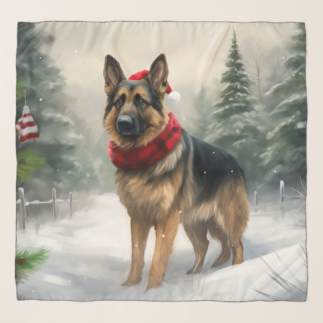 German Shepherd Dog in Snow Christmas Scarf (Front)