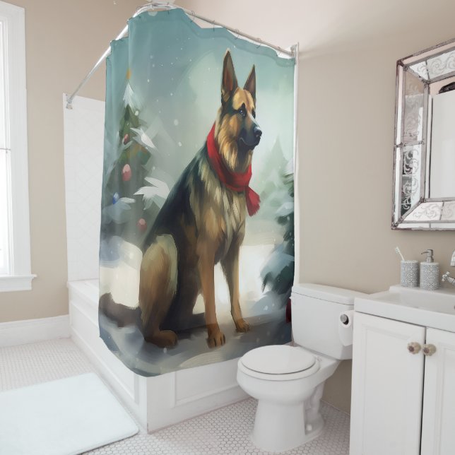 German Shepherd Dog in Snow Christmas Shower Curtain (In Situ)
