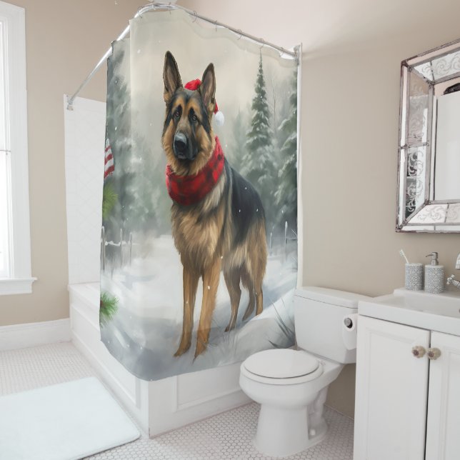 German Shepherd Dog in Snow Christmas Shower Curtain (In Situ)