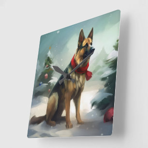 German Shepherd Dog in Snow Christmas Square Wall Clock