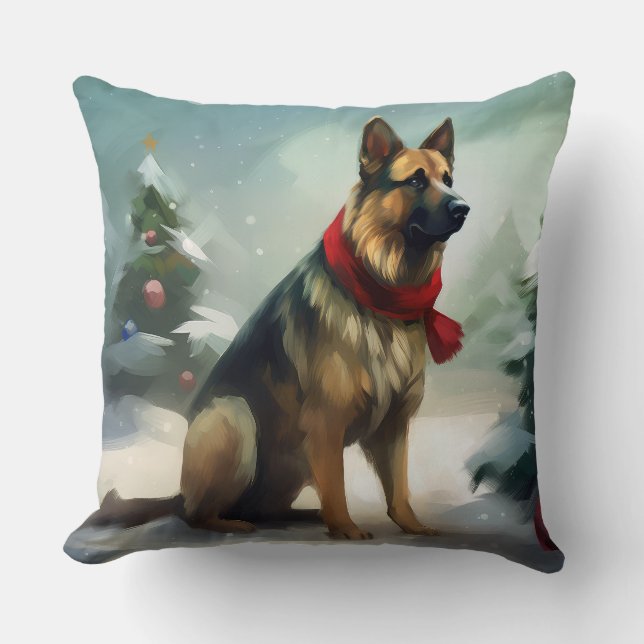 German Shepherd Dog in Snow Christmas Throw Pillow (Front)