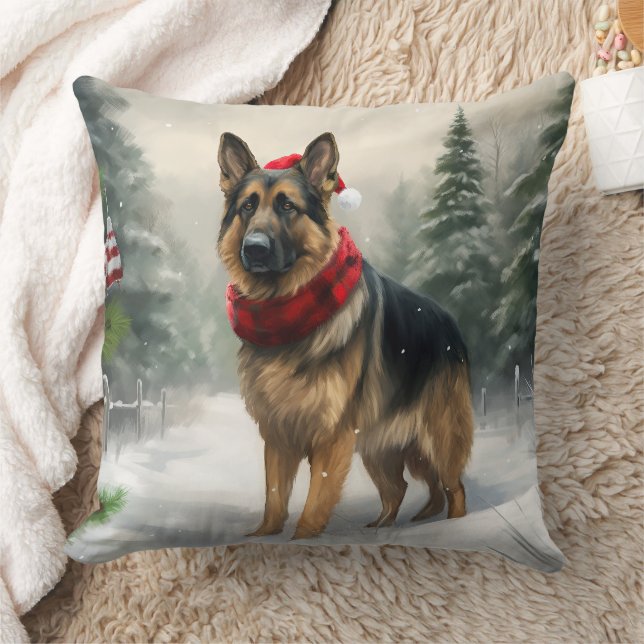 German Shepherd Dog in Snow Christmas Throw Pillow (Blanket)