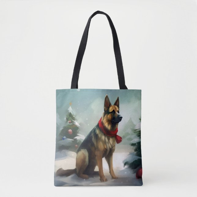 German Shepherd Dog in Snow Christmas Tote Bag (Front)