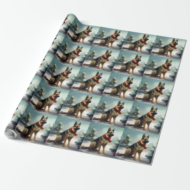 German Shepherd Dog in Snow Christmas Wrapping Paper (Unrolled)