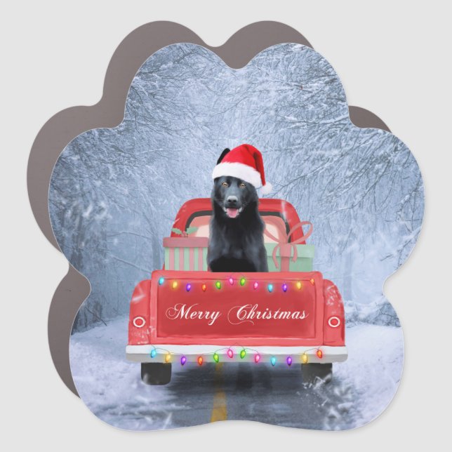 German Shepherd Dog in Snow sitting in Christmas Car Magnet (Front)
