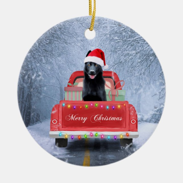 German Shepherd Dog in Snow sitting in Christmas  Ceramic Ornament (Front)