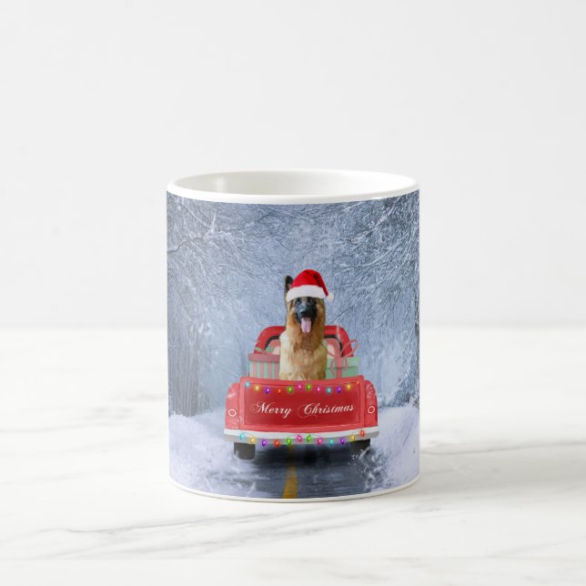 German Shepherd Dog in Snow sitting in Christmas Coffee Mug (Center)