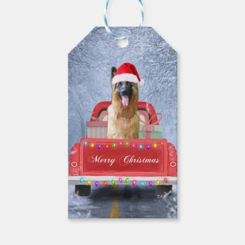 German Shepherd Dog in Snow sitting in Christmas Gift Tags