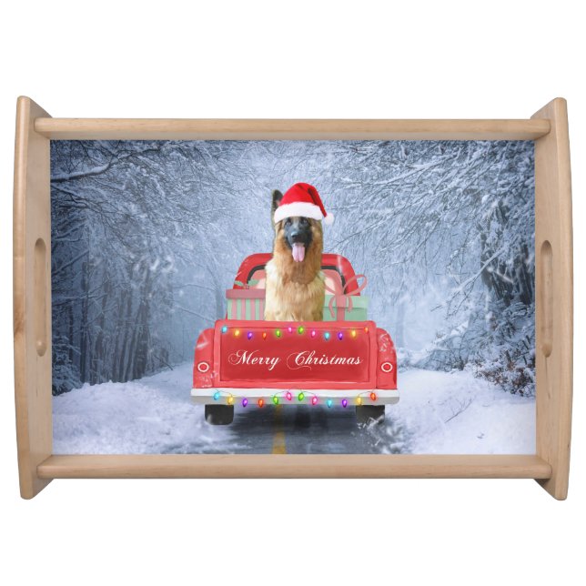 German Shepherd Dog in Snow sitting in Christmas Serving Tray (Front)