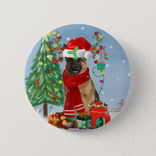 German Shepherd Dog in Snow with Christmas Gifts  Button