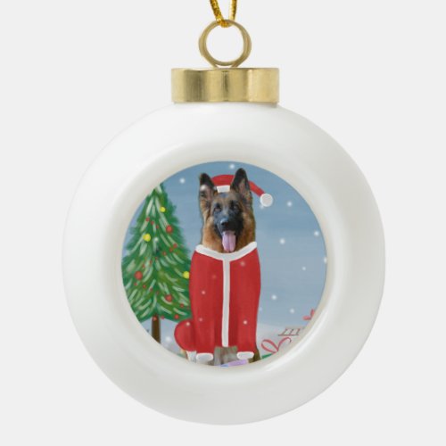 German Shepherd Dog in Snow with Christmas Gifts   Ceramic Ball Christmas Ornament