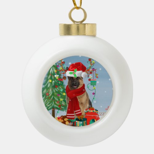 German Shepherd Dog in Snow with Christmas Gifts   Ceramic Ball Christmas Ornament
