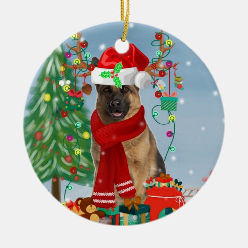 German Shepherd Dog in Snow with Christmas Gifts  Ceramic Ornament