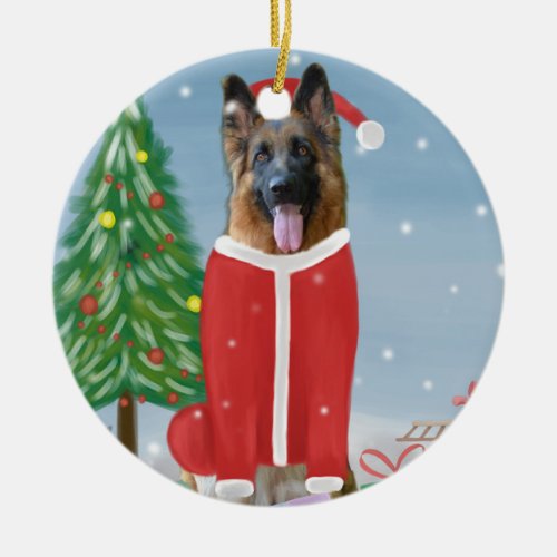 German Shepherd Dog in Snow with Christmas Gifts   Ceramic Ornament