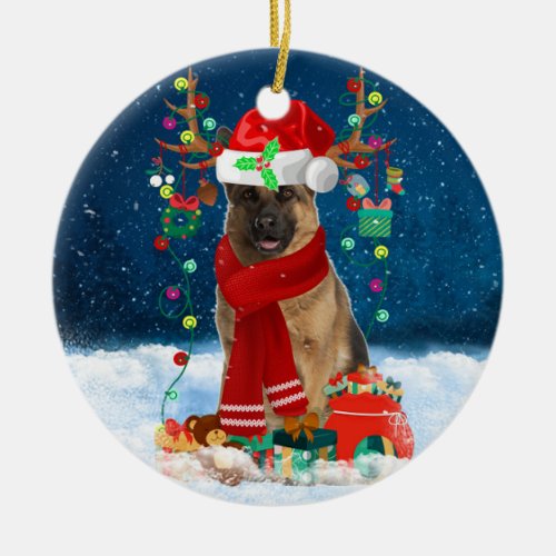 German Shepherd Dog in Snow with Christmas Gifts  Ceramic Ornament