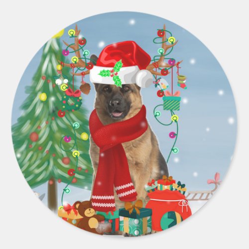 German Shepherd Dog in Snow with Christmas Gifts  Classic Round Sticker