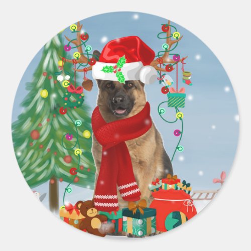 German Shepherd Dog in Snow with Christmas Gifts  Classic Round Sticker