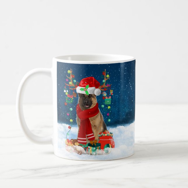 German Shepherd Dog in Snow with Christmas Gifts  Coffee Mug (Left)
