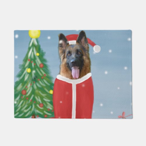 German Shepherd Dog in Snow with Christmas Gifts   Doormat