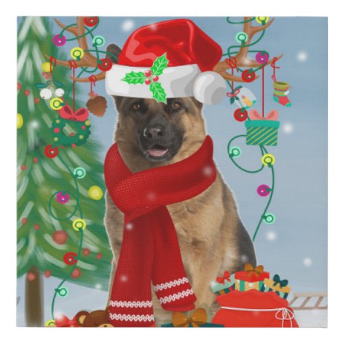 German Shepherd Dog in Snow with Christmas Gifts Faux Canvas Print