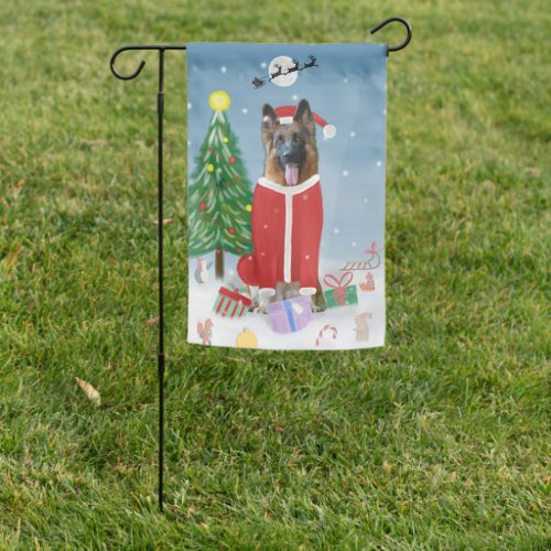 German Shepherd Dog in Snow with Christmas Gifts   Garden Flag